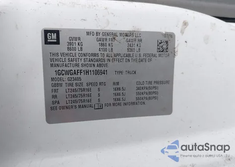 2017 Chevrolet Express 2500 Work Van из США, поврежденный, VIN 1GCWGAFF1H1106941